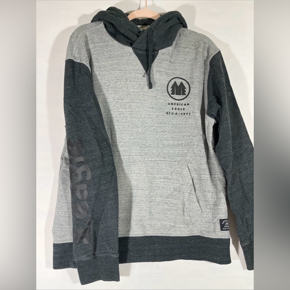 American Eagle Graphic Sweatshirt Hoodie Mens Sz Lg Two Tone GRAY PREOWNED A63
